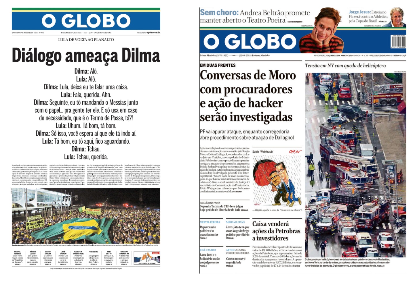 Capas do jornal O Globo em 17 de março de 2016 e 11 de junho de 2019.